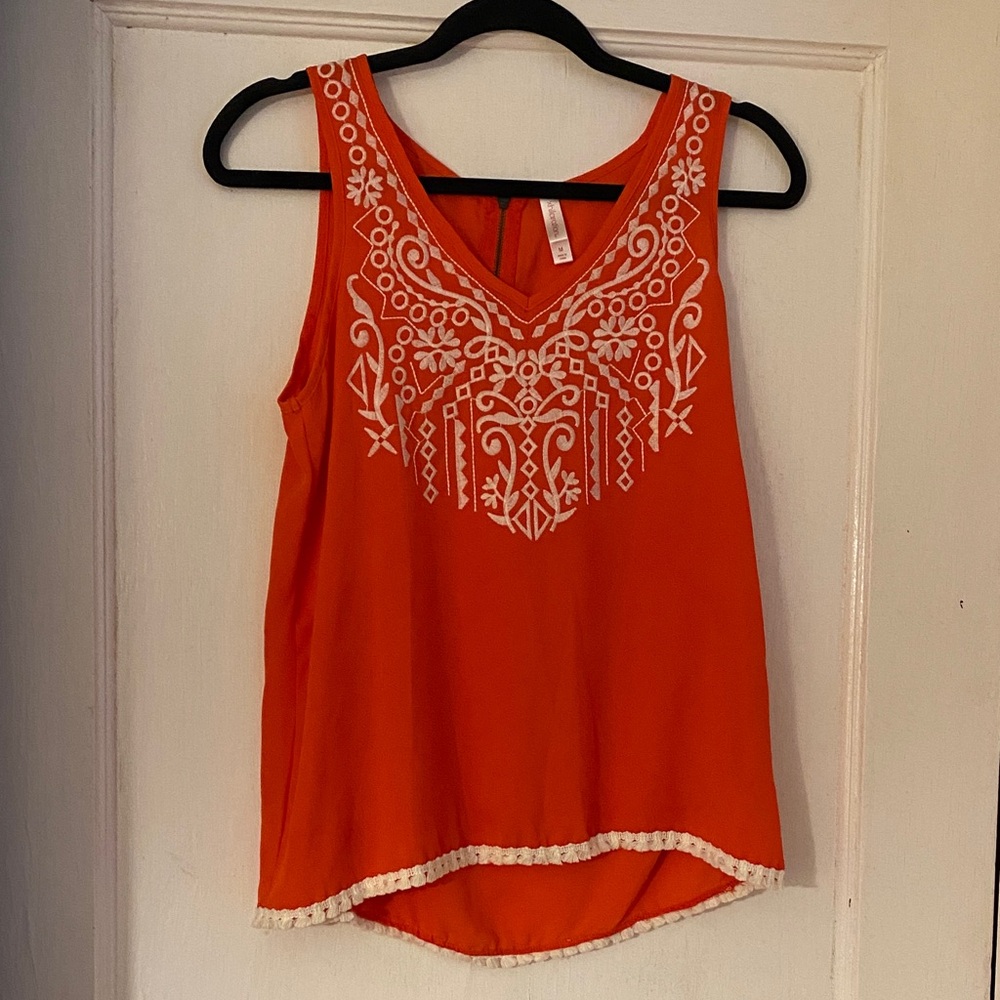 Xhilaration Orange Tank Top with White Embroidery